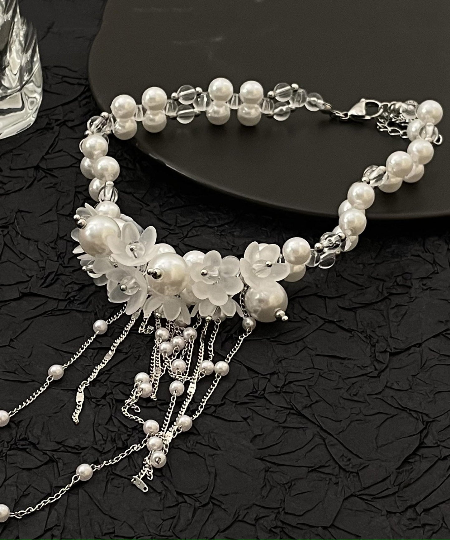 Classy White Alloy Pearl Beading Tassel Lariat Necklace