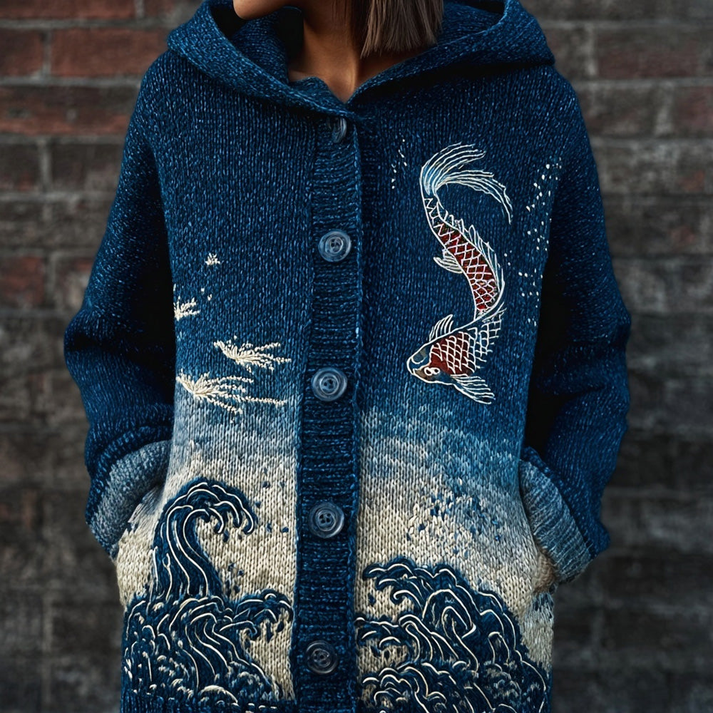 Vintage Japanese Koi Art Cozy Hooded Sweater Cardigan elevenforest