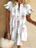 Multicolor Cute Flower Art Print Ruffled Short-sleeved V-neck Buttoned Dress Vacation Beach Dress