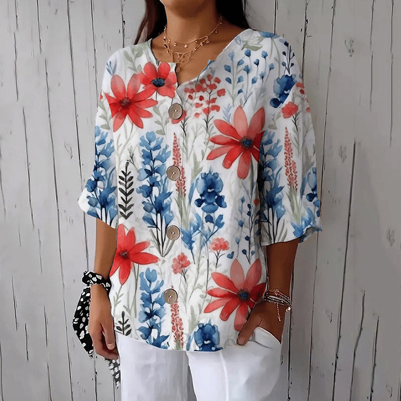 Women's Independence Day Floral Print Button Down Linen Blend Shirt elevenforest