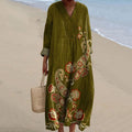 Comstylish Women's Vintage Flower Art Print Linen Blend Dress