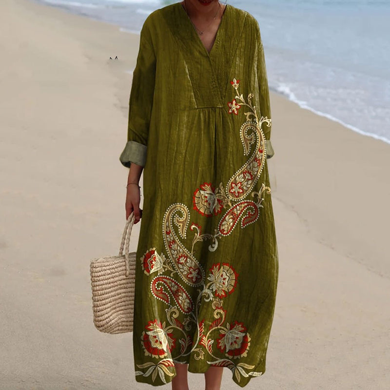 Comstylish Women's Vintage Flower Art Print Linen Blend Dress