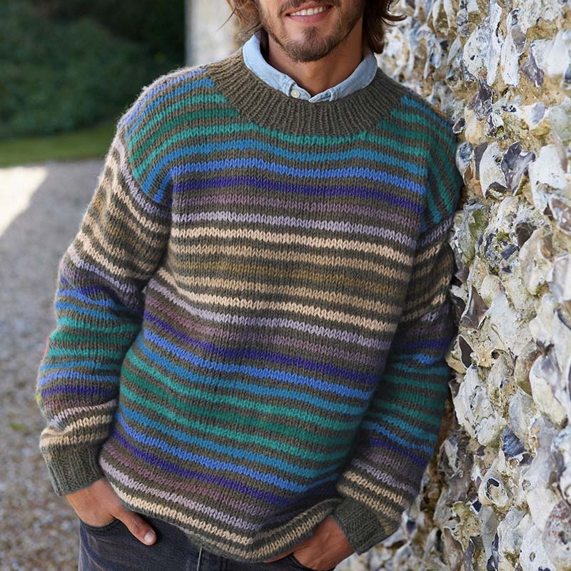 Vintage Rainbow Stripe Knit Jacquard Crew Neck Sweater（Unisex） elevenforest