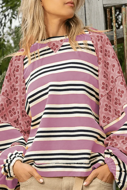 Striped Print Flowers Contrast O Neck Hoodies(6 Colors)