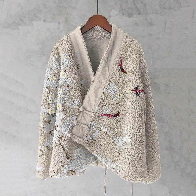 Japanese Style Flower And Bird Art Plush Cardigan elevenforest