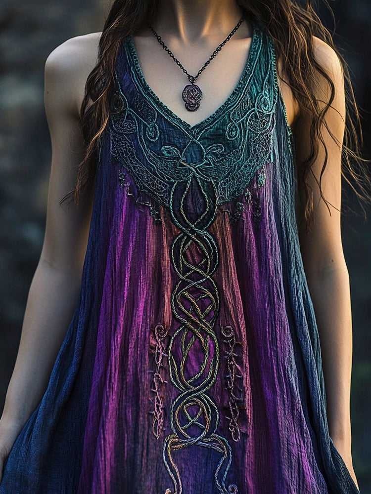 Vintage Celtic Mythology Gradient Lace Linen Tank Dress elevenforest
