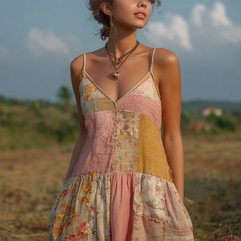 Vintage Cottagecore Pink Floral Patchwork Linen Mini Dress elevenforest