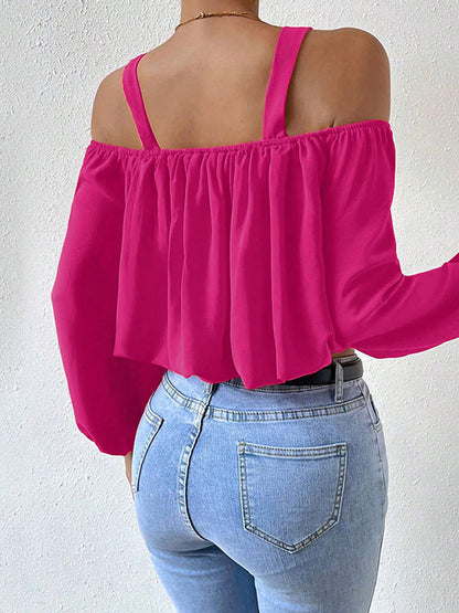 Long Sleeves Loose Elasticity Split-joint Cold Shoulder Blouses&shirts Tops
