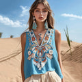 Women's Bohemia Floral Ethnic Art Linen V-neek Sleeveless Top elevenforest