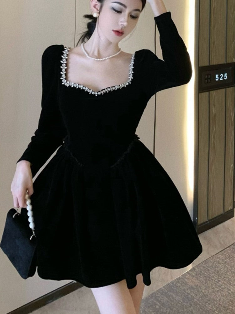 Black Velvet Mini Dress Long Sleeve Square Collar High Waist A-line Autumn Spring Evening Party Vestidos Mujer New