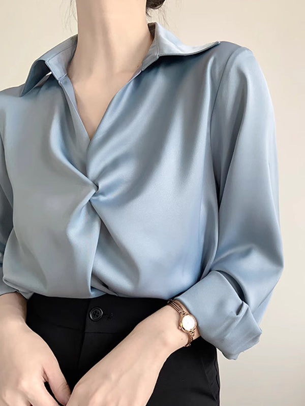 Long Sleeves Loose Knot Color Lapel Blouses&shirts Tops