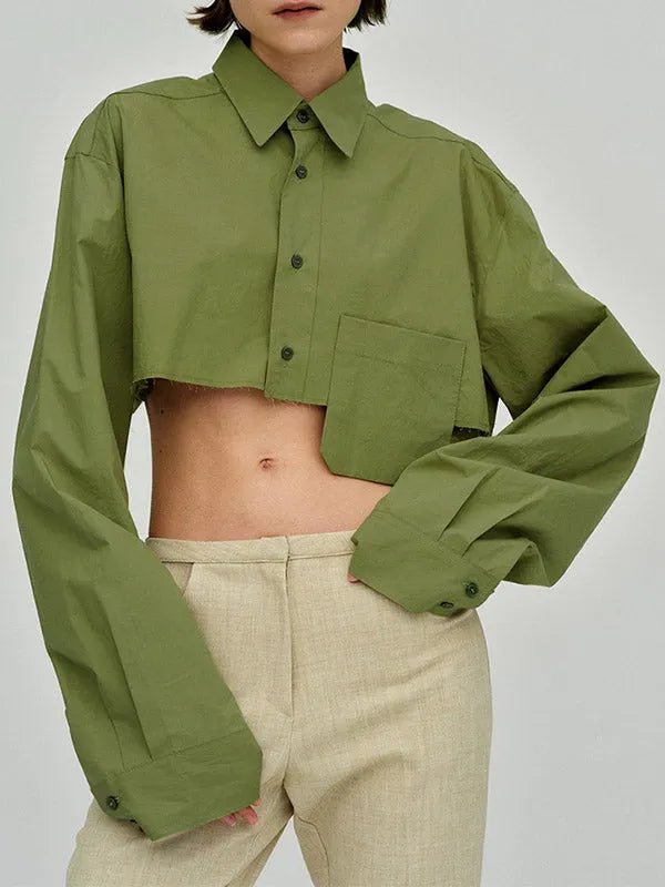 Long Sleeves Loose Asymmetric Buttoned Pockets Color Split-joint Lapel Blouses&shirts Tops