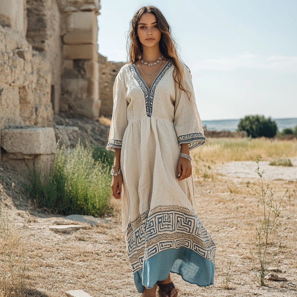 Retro Greek Key V Neck Linen Blend Maxi Dress elevenforest