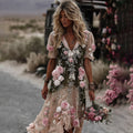 Women's Vintage Romantic Pink Rose Embroidery Art Comfy Linen Midi Dress elevenforest