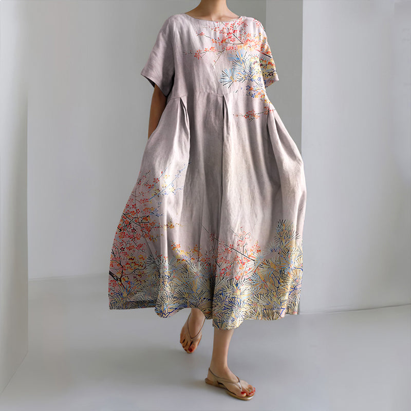 Comstylish Women's Japanese Cherry Blossoms Art Short Sleeve Midi Dress