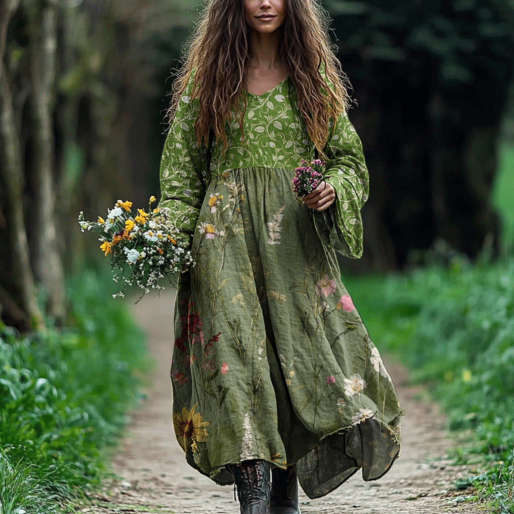 Women's Floral Casual Linen Long Sleeve Dress elevenforest