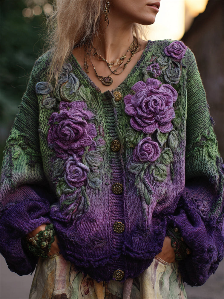 Vintage Purple Roses Crochet Embroidered Gradient Cozy Cardigan elevenforest