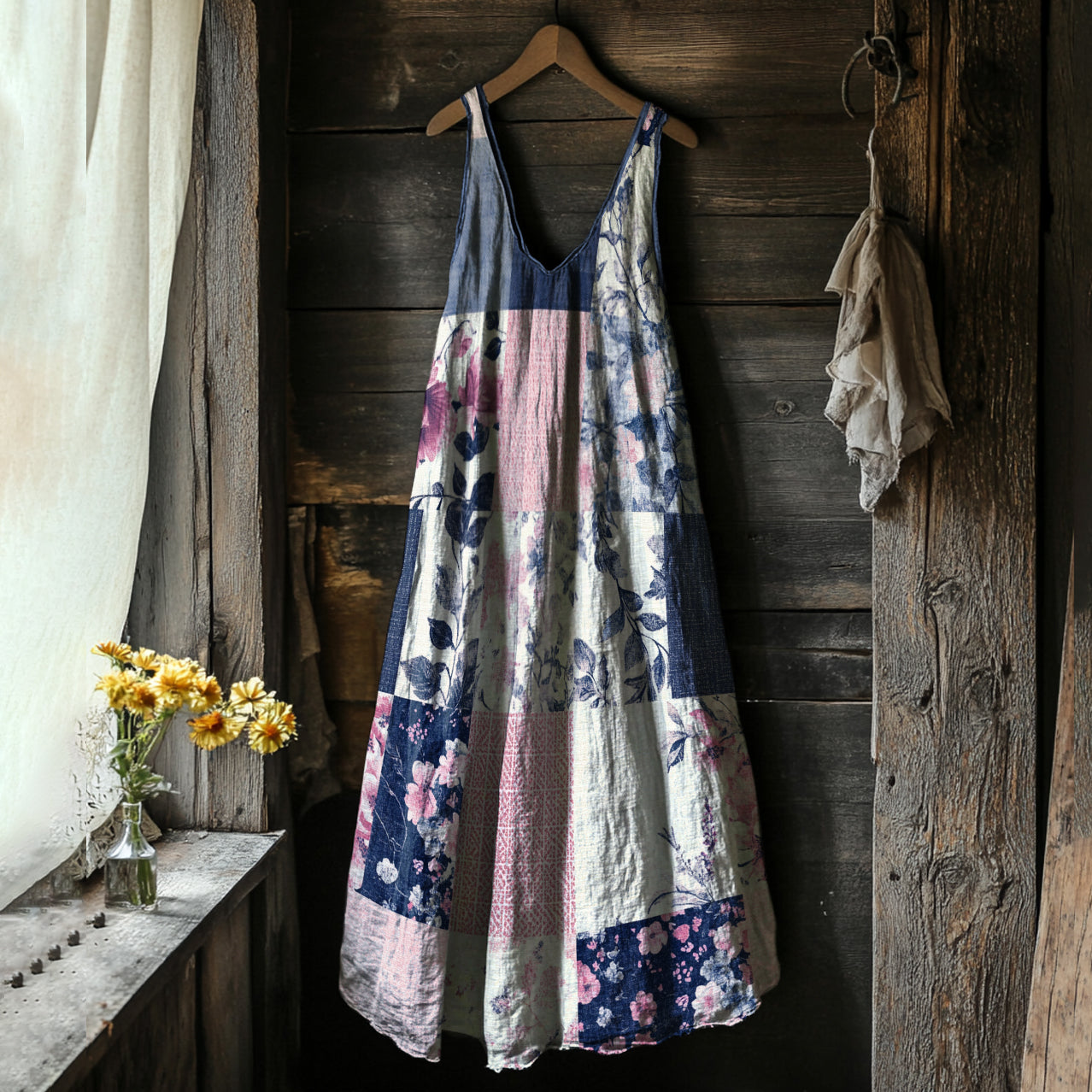 Women's Floral Geometry Art Linen Tank Dress elevenforest
