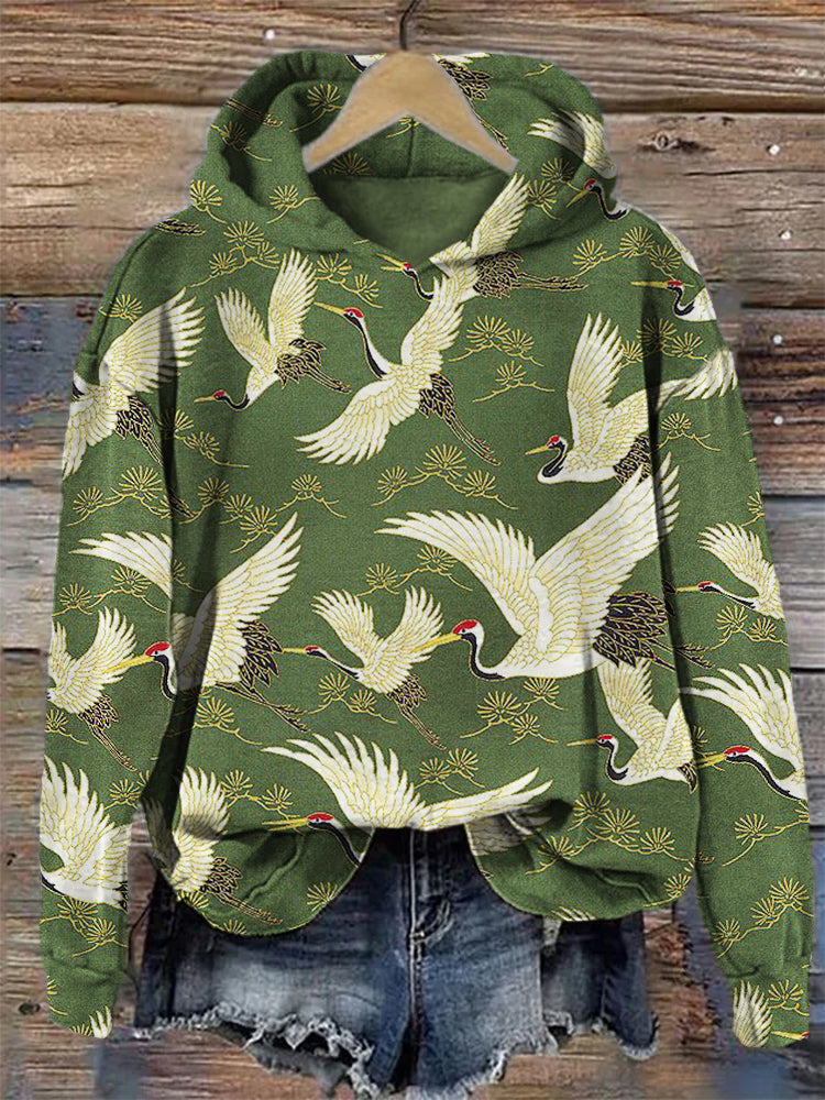Cranes & Pine Trees Japanese Traditional Pattern Cozy Hoodie elevenforest