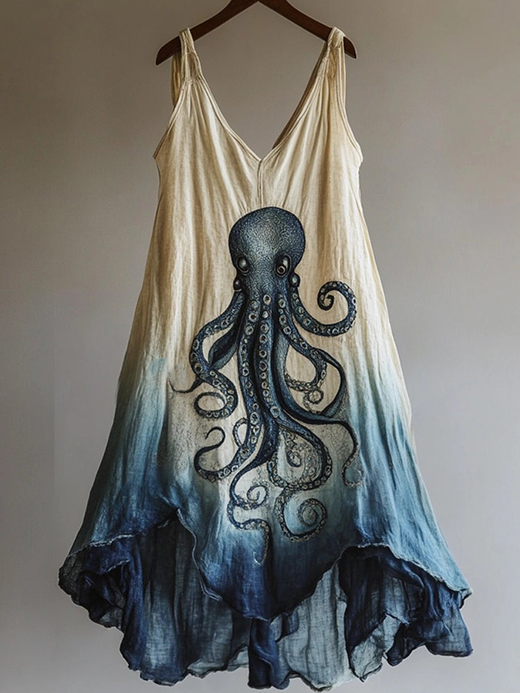 Octopus Pattern Tie-dye Art Linen Blend Dress elevenforest