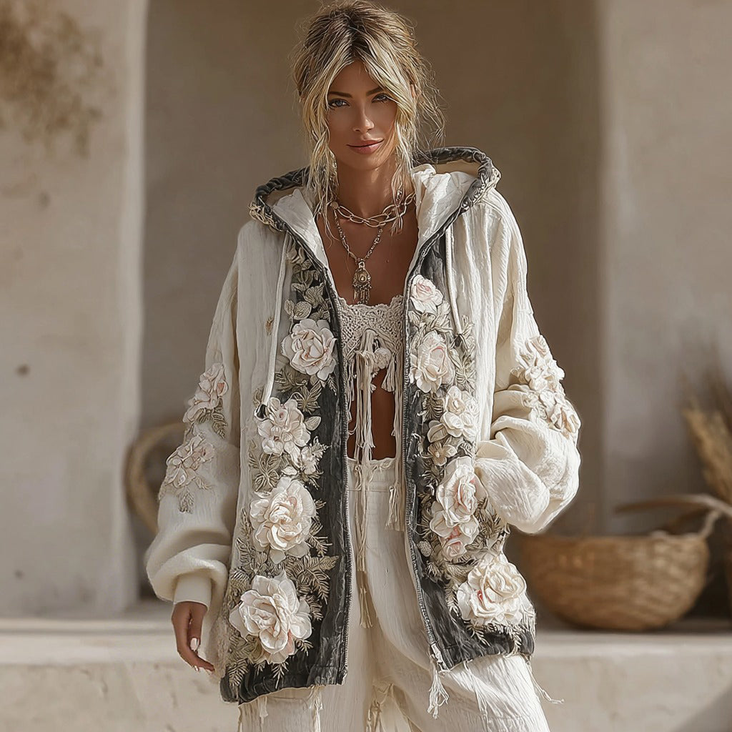 Women's Vintage White Rose Patchwork Cozy Warm Hoodie elevenforest