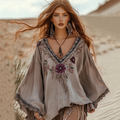 Boho Floral Embroidery Art Cotton And Linen Blend Loose Blouse elevenforest