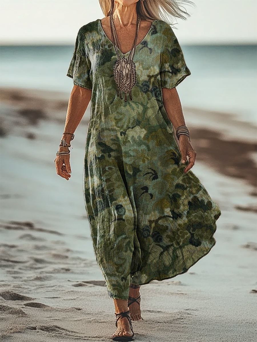 Women's Botanical Art Print Flowy Pocket Cotton Dress
