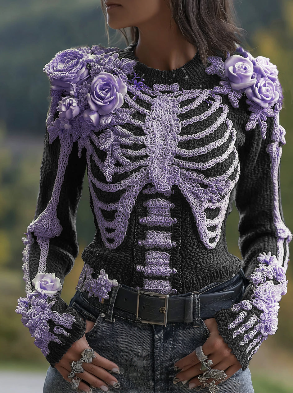 Women's Halloween Skeleton Bones With Roses Art Knitted Warm Sweater artswardrobe