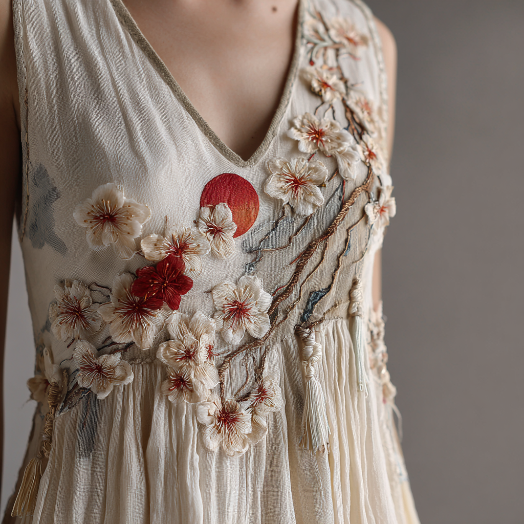 Women's Japanese Sakura And Moon Embroidered Sleeveless Tank Top elevenforest