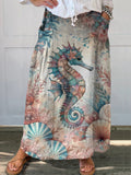 Floral Seahorse Art Print Linen Pocket Skirt