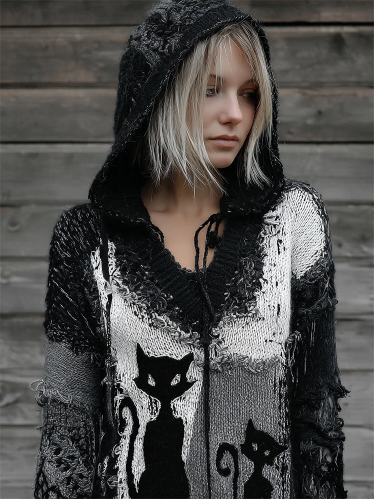 Comstylish Halloween Spooky Black Cats Frayed Patchwork Knit Hooded Sweater