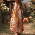 Women's Retro Floral Art Patchwork V-neck Dress elevenforest
