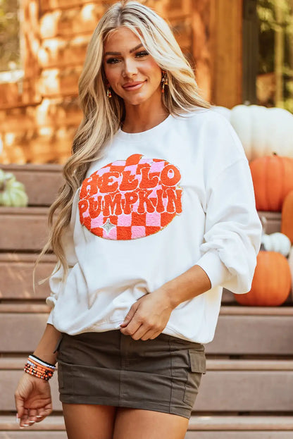 White Pumpkin Patched Pullover Sweatshirt