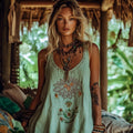 Bohemian Floral Embroidered Linen Blend Tank Top elevenforest