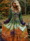 Vintage Autumn Floral Embroidery Gradient Women's Linen V-neck Maxi Dress elevenforest