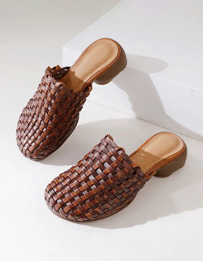 Leather Woven Slippers Wide Mules for