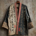 Japanese Calligraphy Art Contrast Linen Kimono elevenforest