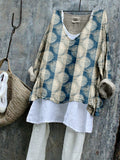 Comstylish Japanese Sashiko Dots with Stripes Art Linen Blend Tunic