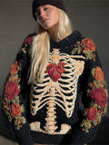 Comstylish Halloween Human Skeleton & Floral Embroidery Women's Knit Sweater