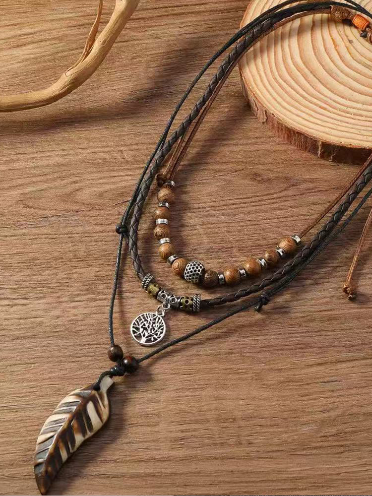 Comstylish Men And Women Retro Braided Rope Hand-strung Multi-layer Necklace