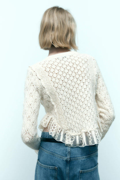 Cropped Knit Buttoned Lace Trim Cardigan White