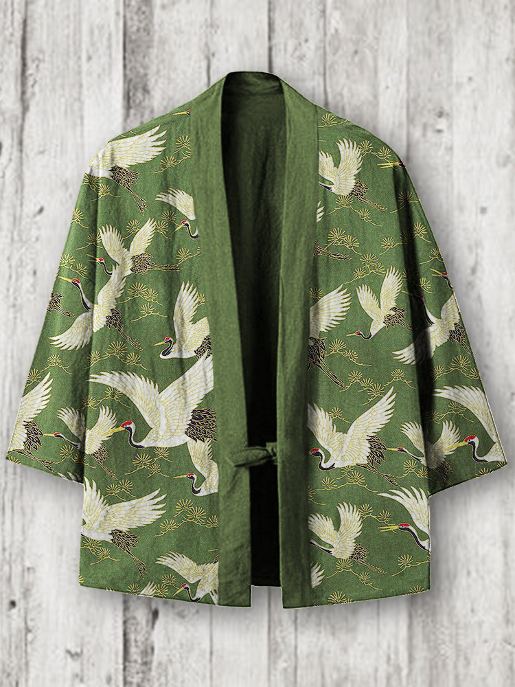 Cranes & Pine Trees Japanese Pattern Flowy Linen Blend Kimono Cardigan elevenforest