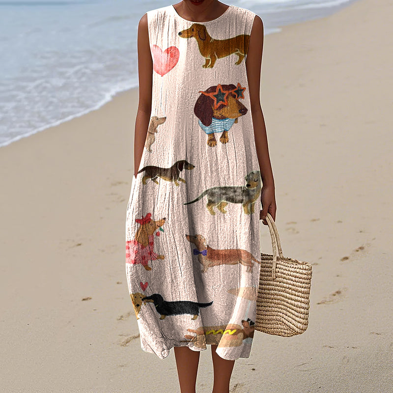 Women's Retro Cool Dogs Art Print Sleeveless Dress elevenforest