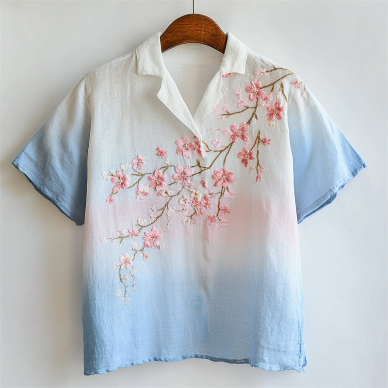 Cherry Blossom Japanese Embroidered Gradient Linen Shirt elevenforest