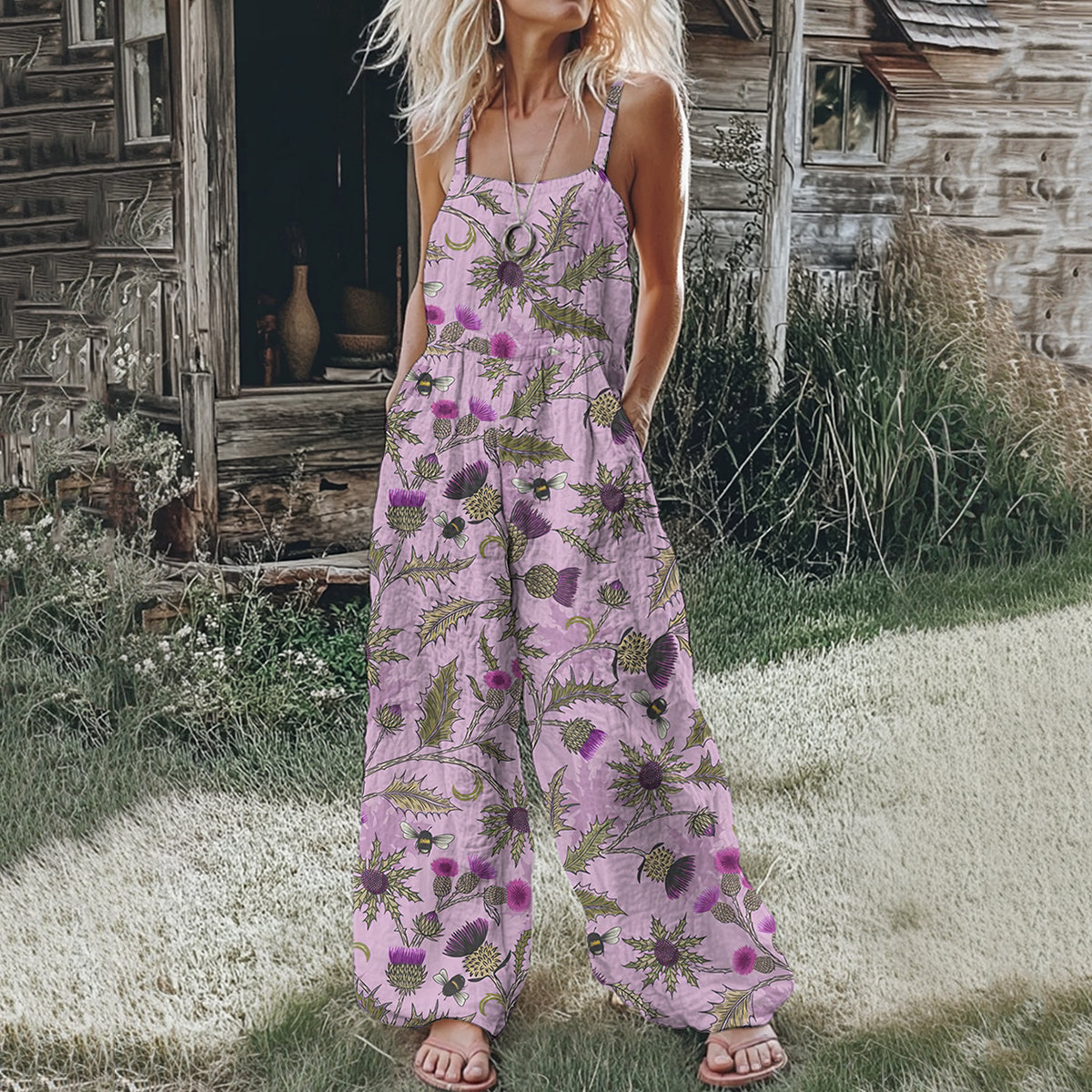 Women's Scottish Thistle Print Casual Loose Jumpsuit elevenforest