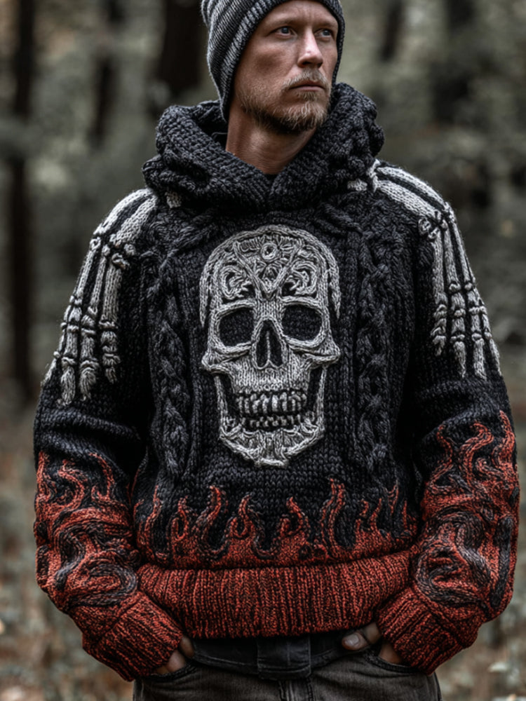Men's Halloween Flame Skull Retro 3d Embroidery Hooded Sweater elevenforest