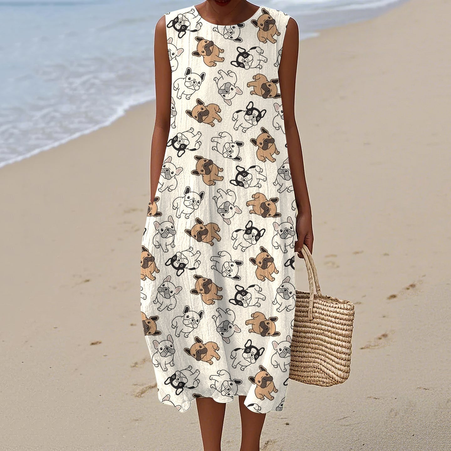 Retro French Bulldog Art Linen Tank Midi Dress elevenforest