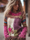 Boho Roses Crochet Colorblock Cozy Knit Sweater elevenforest