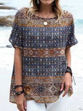 Women's Retro Geometric Pattern Cotton and Linen Crew Neck Top