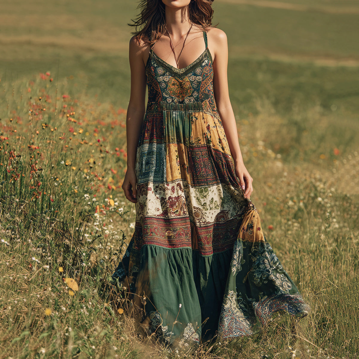 Vintage Bohemian Western Floral Patchwork Print V-neck Suspender Maxi Dress elevenforest